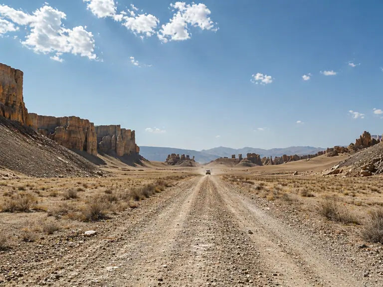 Driving through Turkmenistan's landscapes, wide-angle shot of Karakum Desert with golden sands and open road