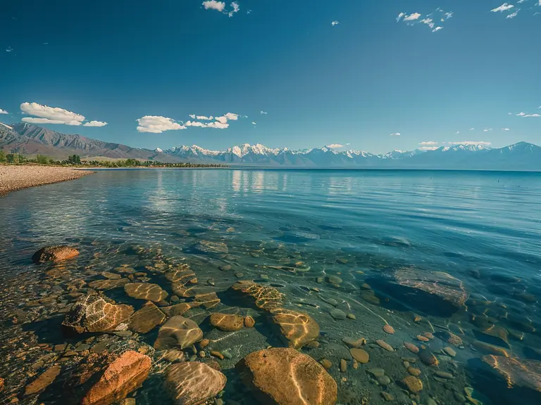  Picturesque view of Issyk-Kul Lake with the surrounding mountains under a clear, bright blue sky