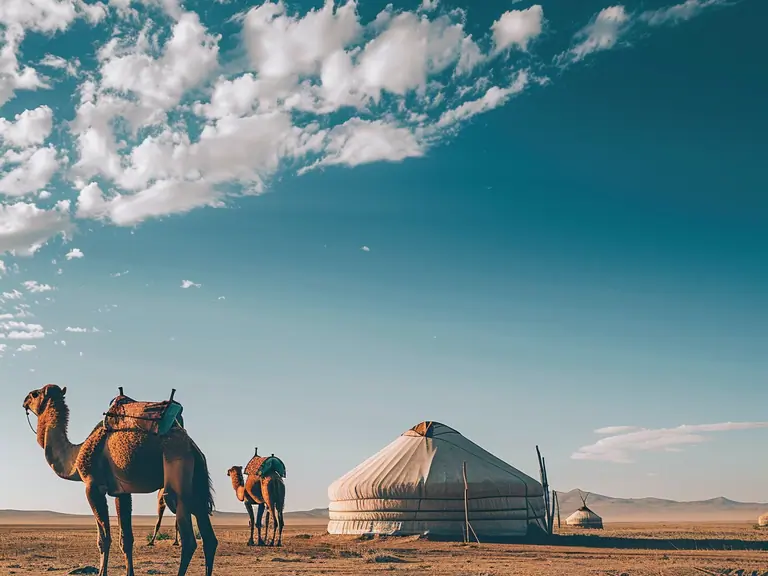 Gobi Desert with camels and yurts, under a brilliant blue sky