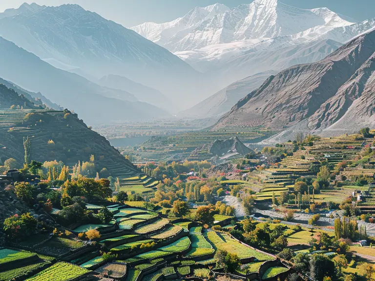  Hunza Valley with terraced fields and snow-capped mountains under a clear sky