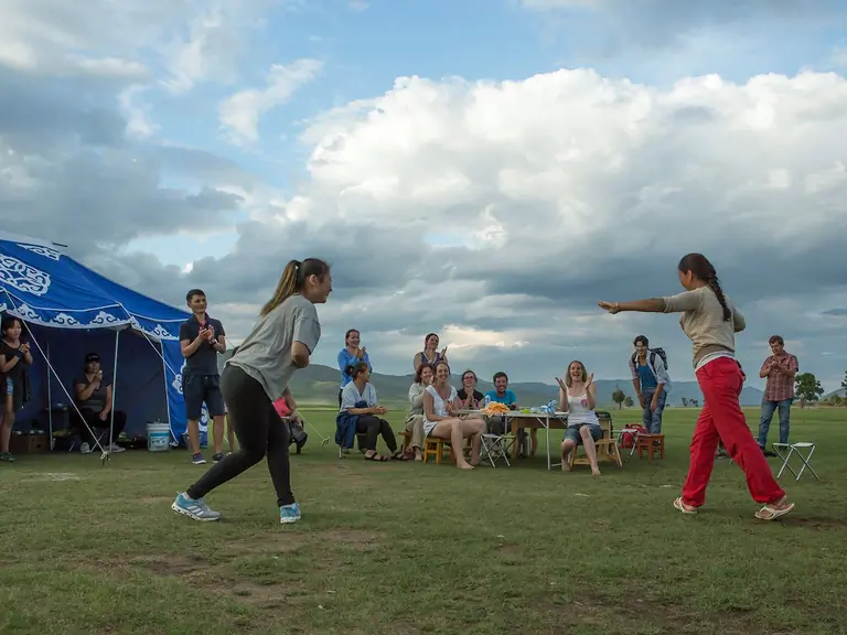 Mongolian nomads are at their daily tasks, such as dairy processing, traditional cuisine, music, animal care, milking, livestock guarding and more