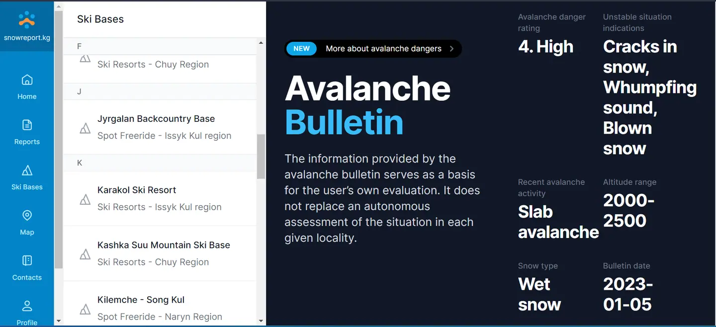 Safety avalanche risk report on www.snowreport.kg