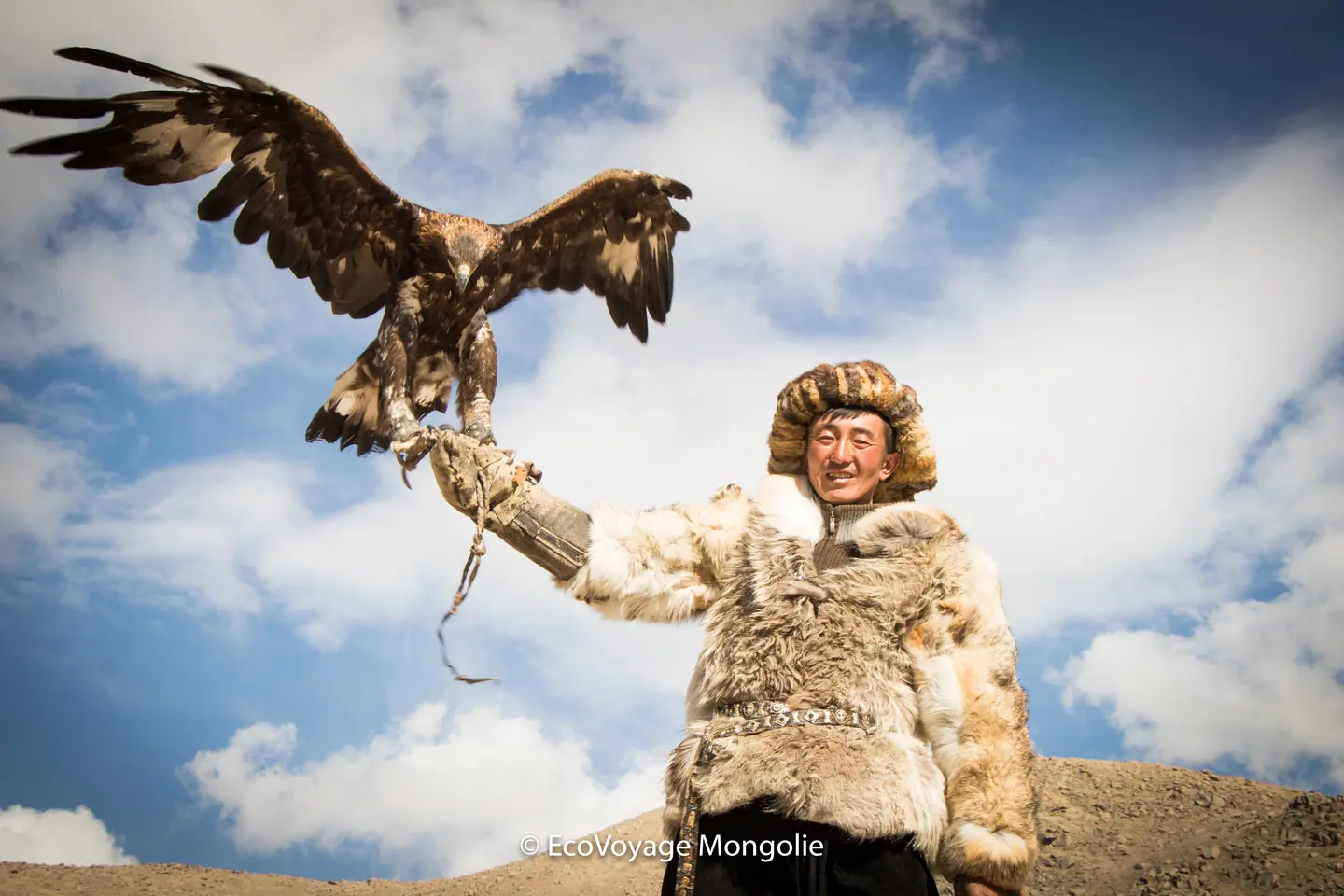 a Mongolian nomad holds his golden eagle in his hand