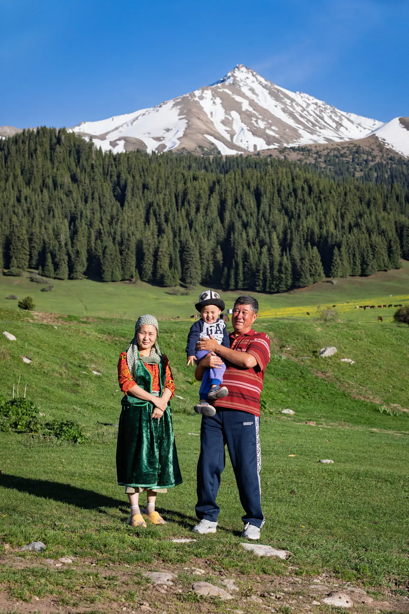 Family posing in a green meadow before a snow-capped mountain.