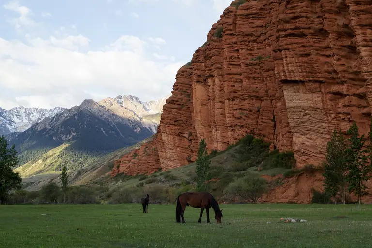 Horses grazing, red rocks in Jeti Oguz, Kyrgyzstan