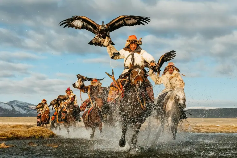 Hunter on horseback with an eagle, Altai Mountains, Mongolia