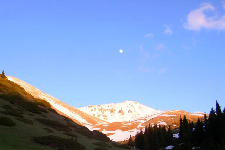 View of the snowy pass of Kalmak Ashuu on the top of fir-tree forest