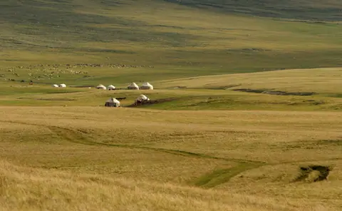 Pastures of Tash Doeboe on the shore of the Song Kul's lake