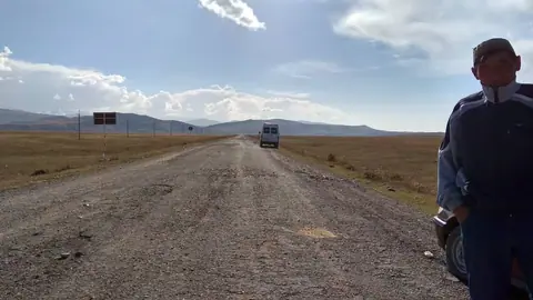 Border post between Kyrgyzstan and Kazakhstan at the eastern part of the Kyrgyz Republic