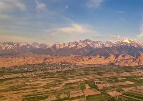 Aerial view of Barskoon village and surroundings mountains