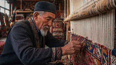 Artisan weaving a vibrant Uyghur handmade carpet