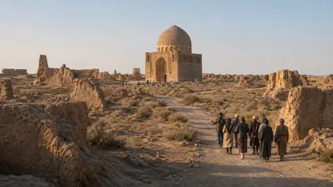Exploring the ruins of Merv, an ancient oasis-city on the Silk Road, wide shots, Central Asia, historical costumes of Zoroastrian and Islamic dynasties, golden ages of the Silk Road