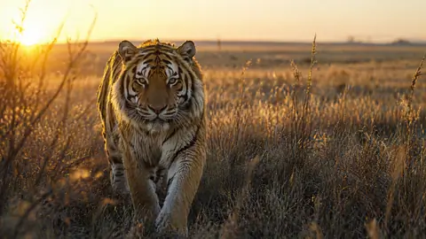 Mythical Caspian tiger roaming the vast, open steppes of Kazakhstan