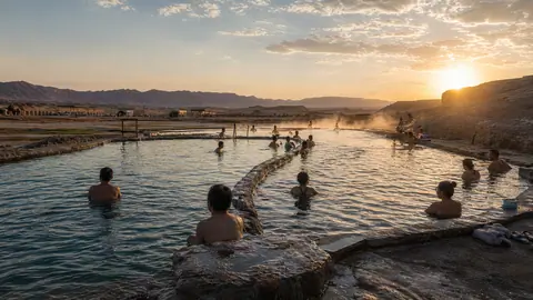 Serene hot springs in Turpan, visitors relaxing and enjoying the therapeutic waters