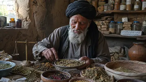 Traditional herbal clinic in a rural Afghan village