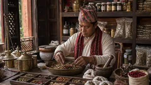 Traditional Nepalese Ayurvedic wellness center, a practitioner preparing herbal remedies with unique Himalayan botanicals