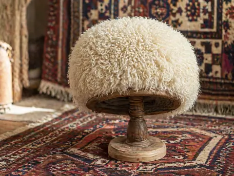 Traditional Turkmen telpek prominently displayed on a stand crafted from local woods