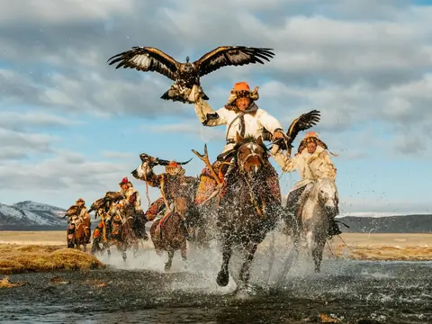 Hunter on horseback with an eagle, Altai Mountains, Mongolia