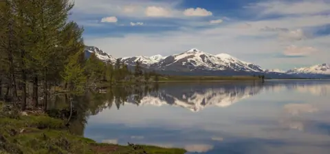 Syrgali Valley mirror view of Khurgan Nuur lake