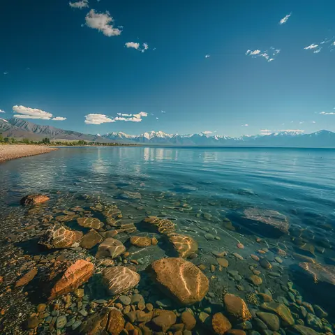  Picturesque view of Issyk-Kul Lake with the surrounding mountains under a clear, bright blue sky