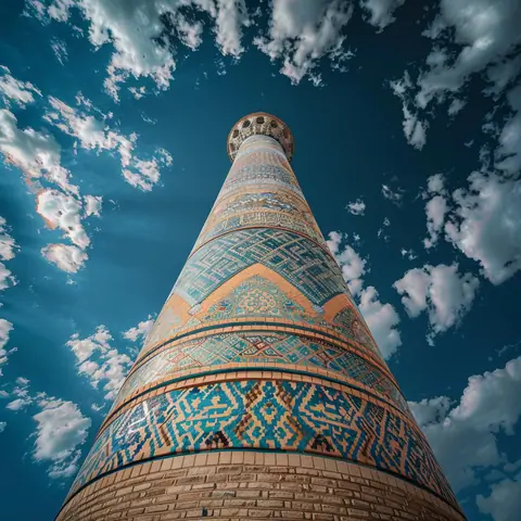 Iconic Kalta Minor Minaret in Khiva under a deep blue sky with a few clouds