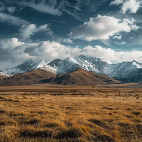Wide steppes and snow-capped peaks of Kazakhstan under a partly cloudy sky