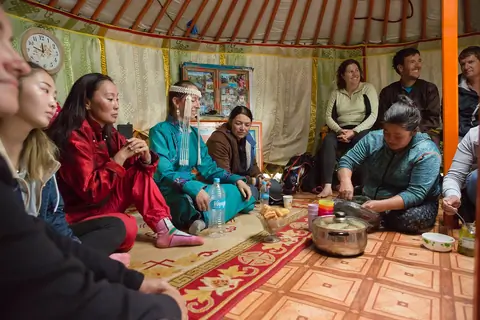Mongolian nomads are at their daily tasks, such as dairy processing, traditional cuisine, music, animal care, milking, livestock guarding and more