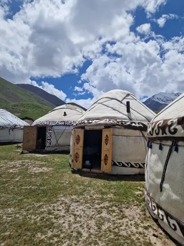 Four yurts standing at the foot of peak Lenin