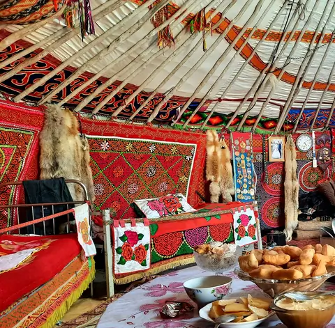 Inside Kazakh yurt in Sagsay village of Mongolian Altaï