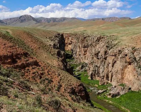 Colorful canyon of Teshik and small river on the South side of the Song Kul's range