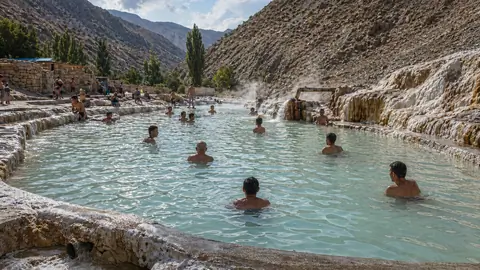 Panoramic view of the thermal hot springs of Garm Chashma, Tajikistan