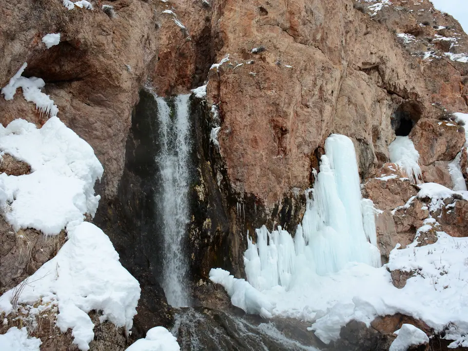 Frozen waterfall in Naryn Oblast