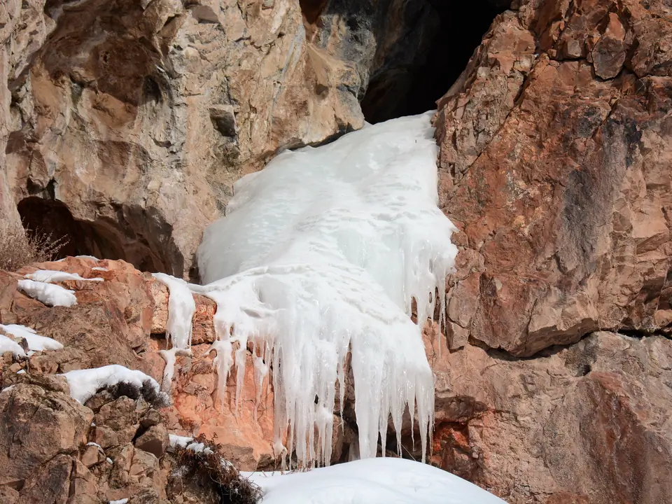 Frozen waterfall in Naryn Oblast