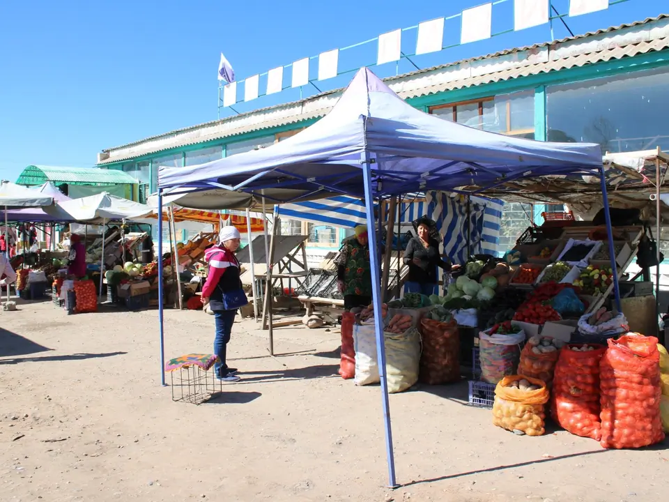 Central bazar of the chef lieu Kyzyl Suu, Jeti Oguz district, Issyk Kul Oblast, Kyrgyzstan