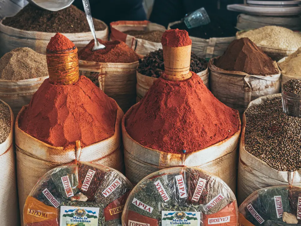 Colourful spices sold in Chorsu Bazaar, Tashkent, Uzbekistan