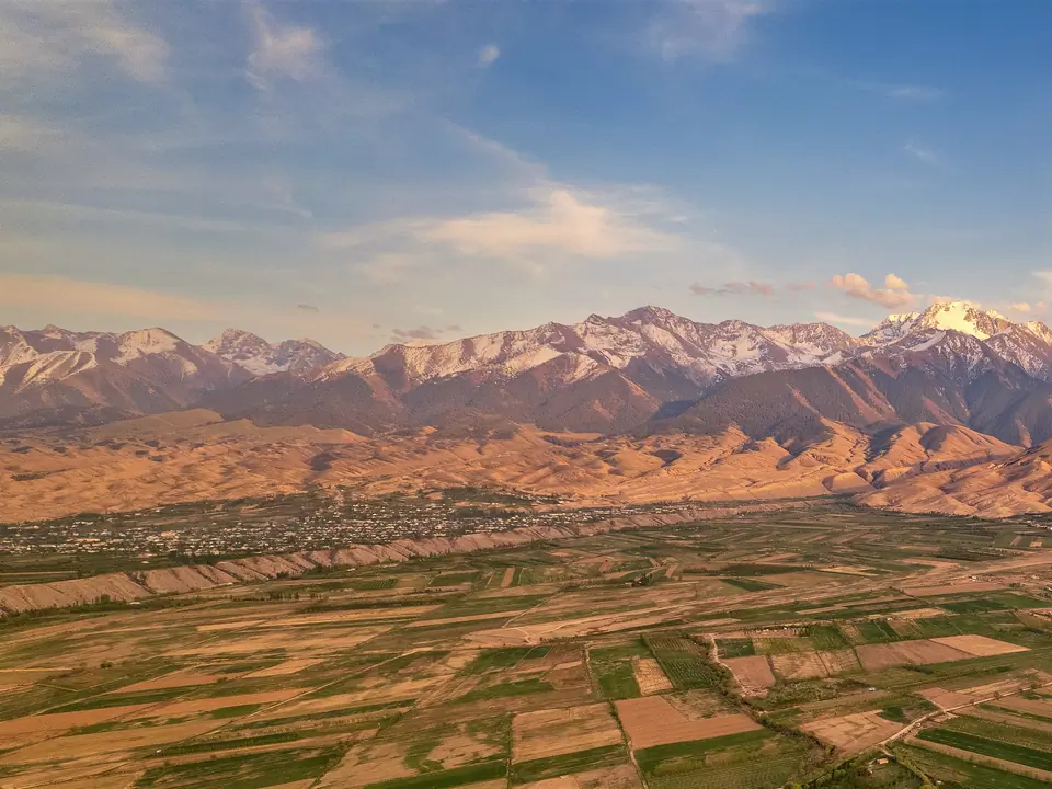 Aerial view of Barskoon village and surroundings mountains