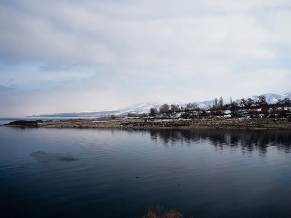 Bay of Kyzyl Suu on South shore of Issyk Kul lake in Kyrgyzstan