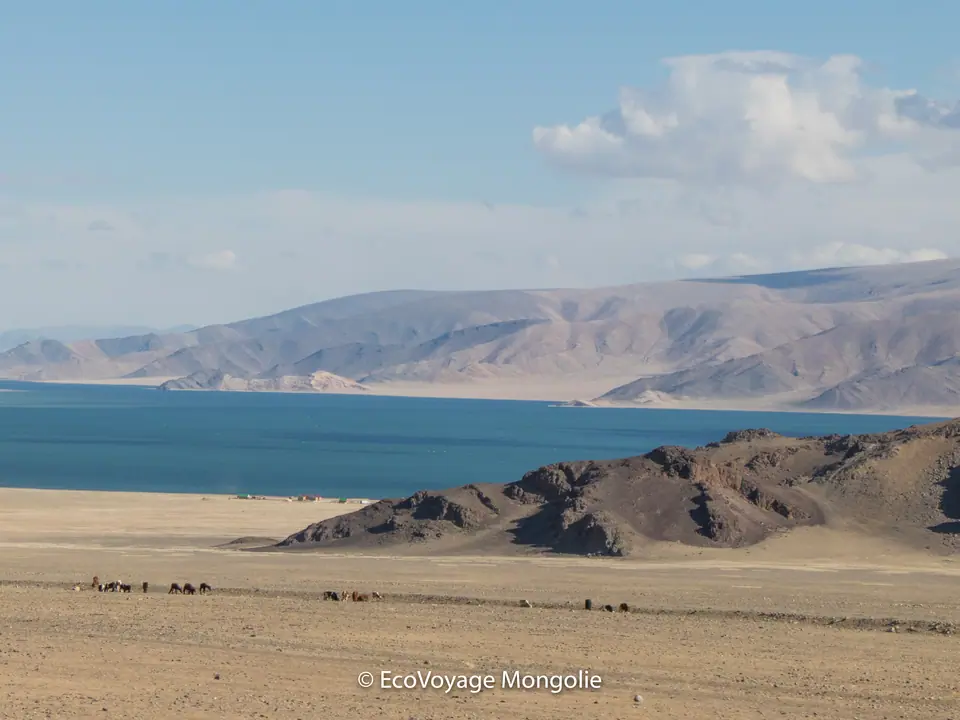 A blue lake in the middle of pasture and mountain of Bayan Ölgii, the sky is light blue with some clouds