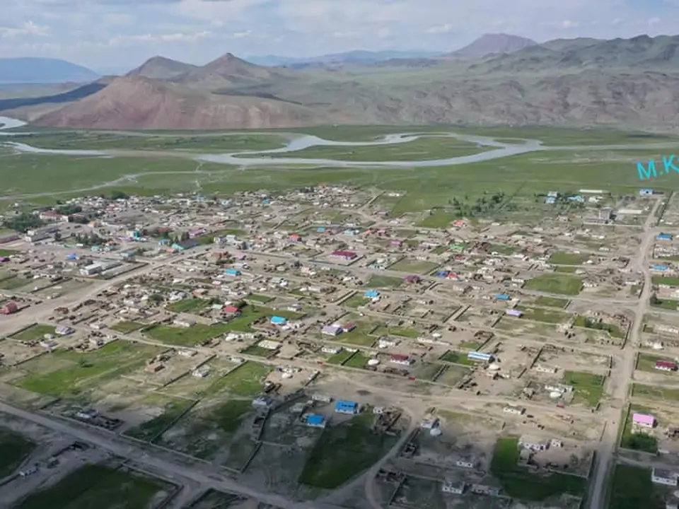 Panoramic view of Sagsay village in Altaï region of Mongolia