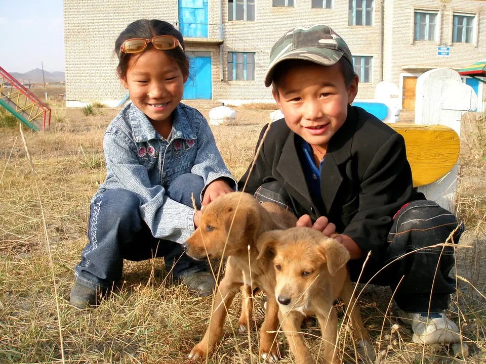 Two mongolian children with their puppies, Zuunmod