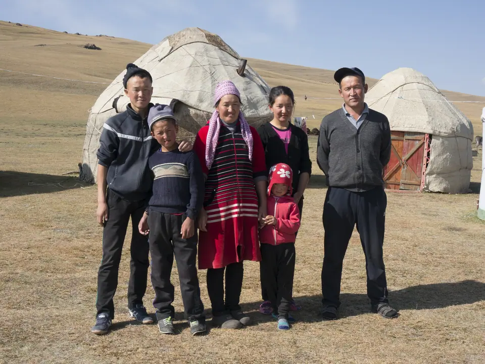 Kyrgyz family in front of a yurt near Song Kul lake