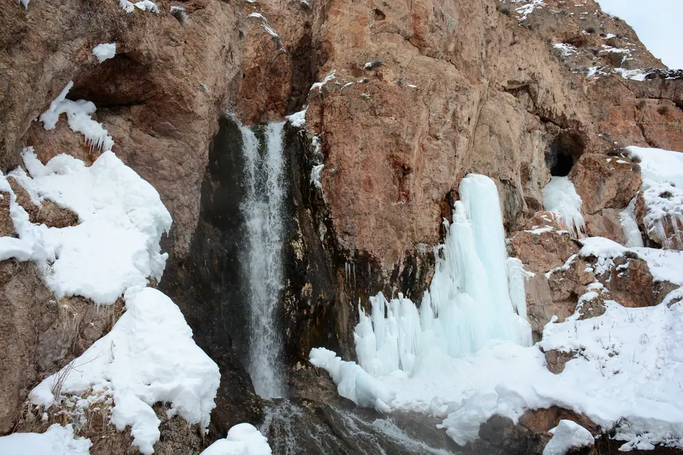 Frozen waterfall in Naryn Oblast