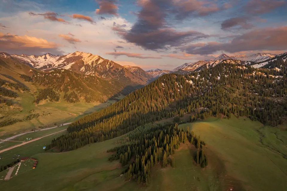 Green valley in the middle of green forest and snowy peaks
