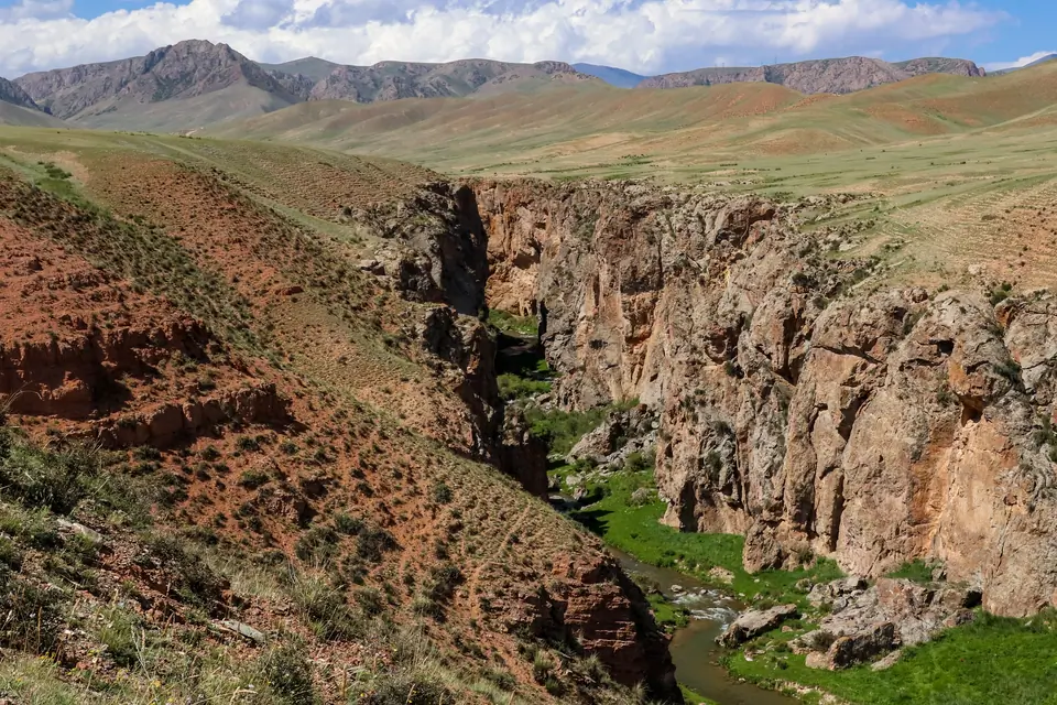 Colorful canyon of Teshik and small river on the South side of the Song Kul's range