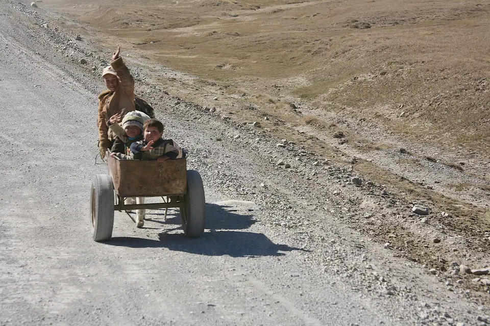 Kyrgyz Children Donkey Cart Kyrgyzstan Central Asia