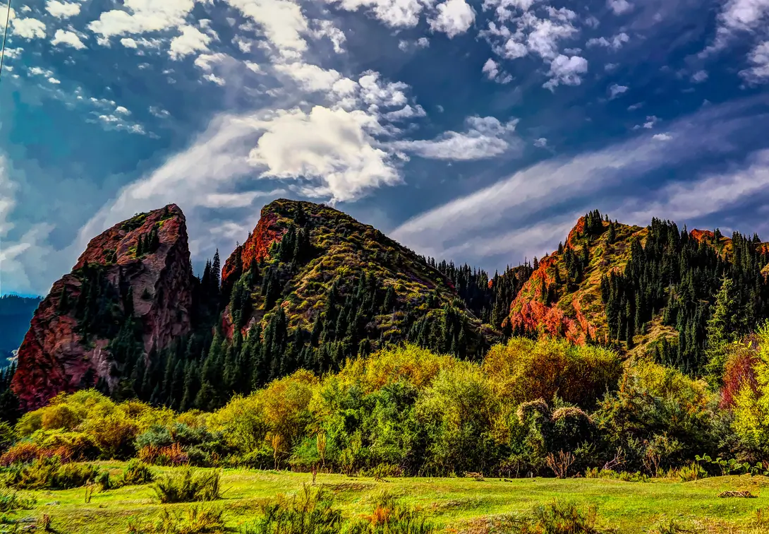 Panorama view to Jeti-Oguz aka Seven Bulls canyon, Kyrgyzstan