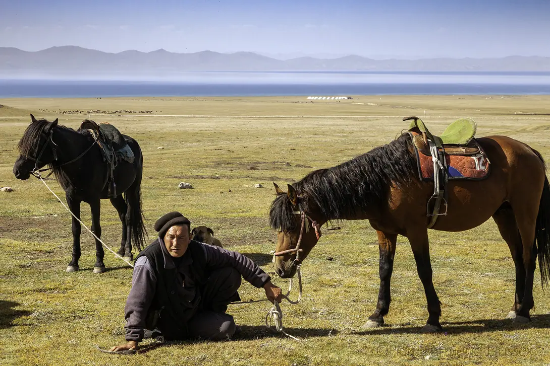 Hoseman sitting and holding horses in Son Kul