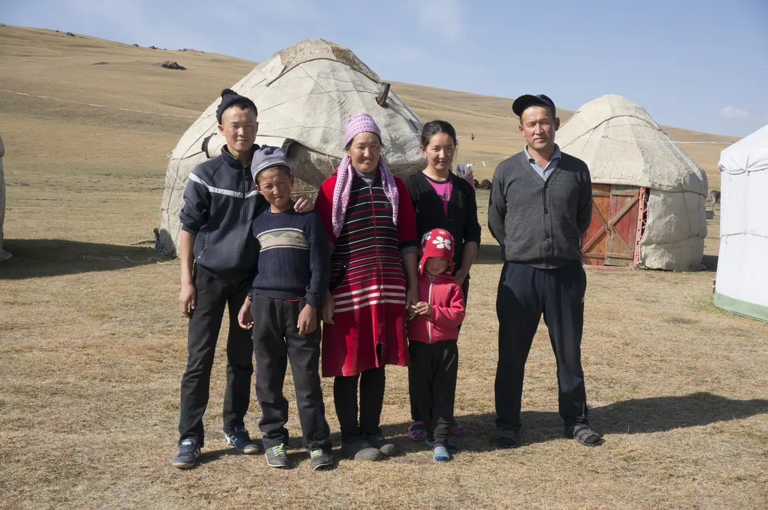 Kyrgyz family in front of a yurt near Song Kul lake